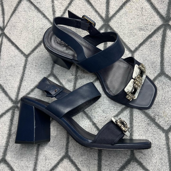 Tory Burch Navy Women's Delaney Embellished Leather Block Heel Sandals - Picture 6 of 16